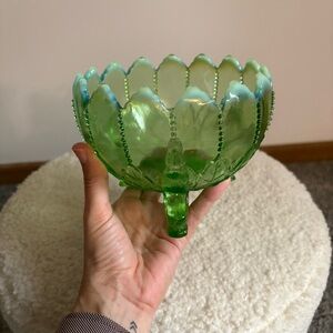 Green Glass Bowl with Scalloped Edge